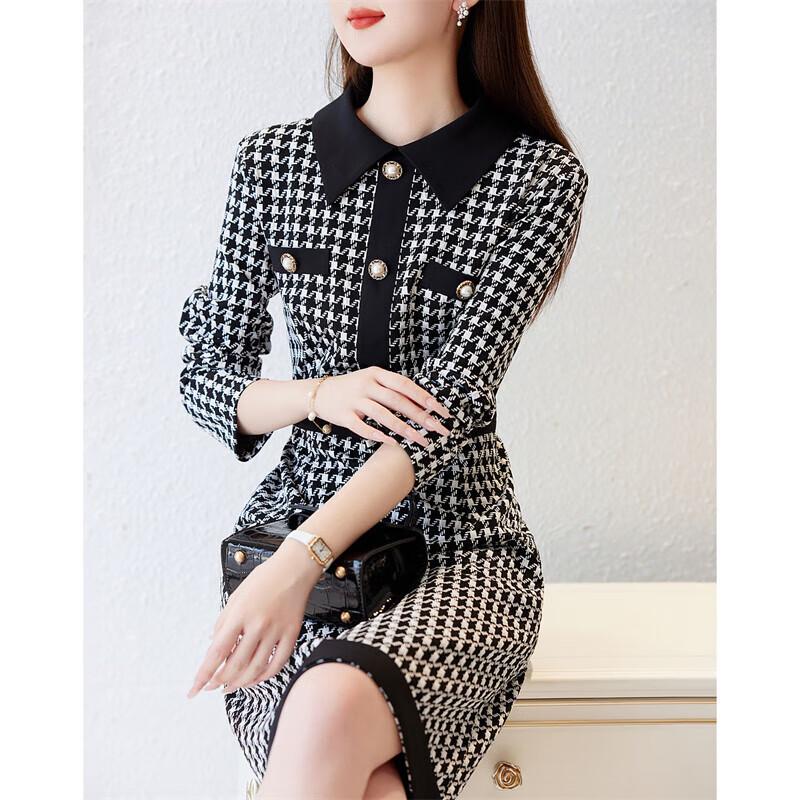 Women's Houndstooth Lapel Long-Sleeve Dress