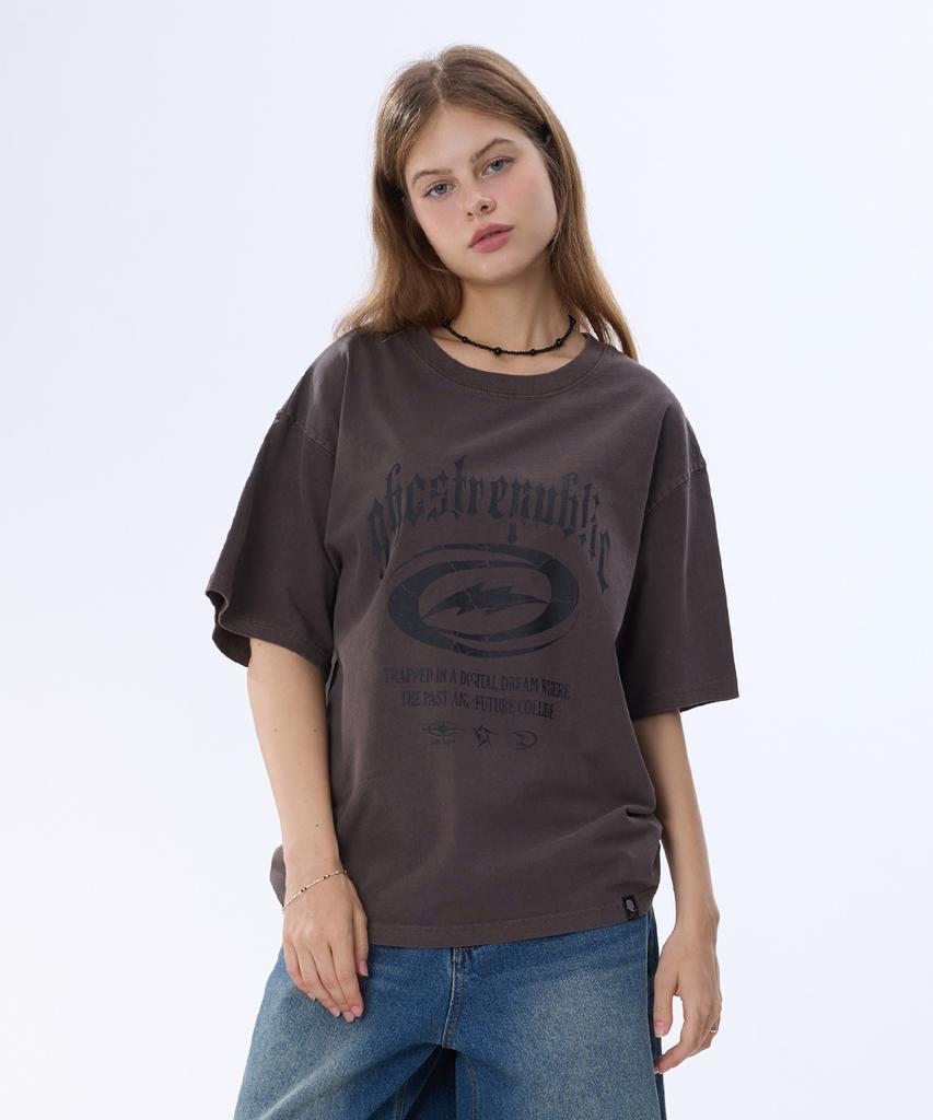 GHOST REPUBLIC Cracked Graphic Logo Pigment Short Sleeve T-Shirt Gt-382_Brown