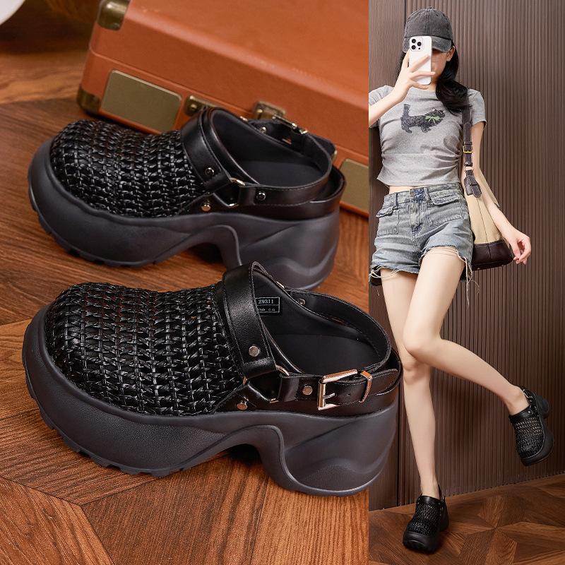 Baotou Cool Slippers Women's 2025 Summer Wear Fashion Round Head Hole Shoes High Heel Platform Sandals Inner Height Increase Women's Shoes