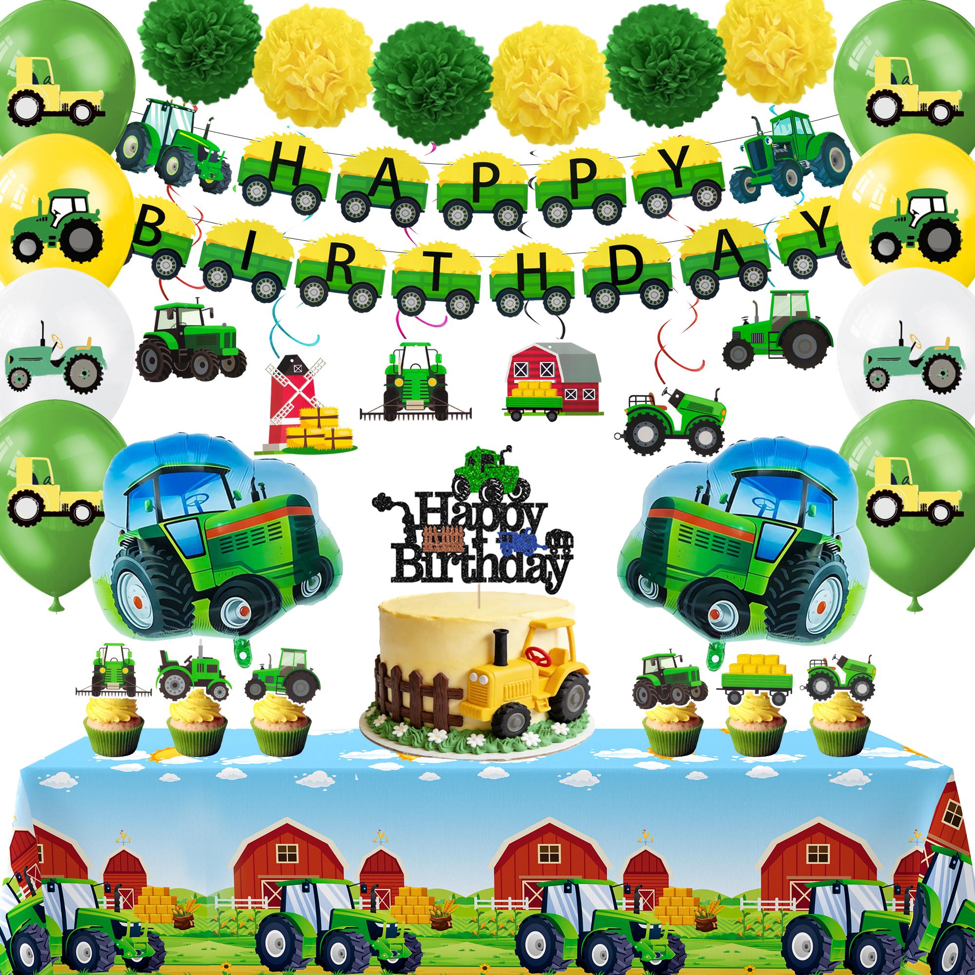 55 Stück Traktor Geburtstagsfeier Dekorationen, Traktor Geburtstagsballons Traktoren Banner Tischdecke Hängende Spiralen für Traktor Geburtstagsfeier Zubehör gelb/grün