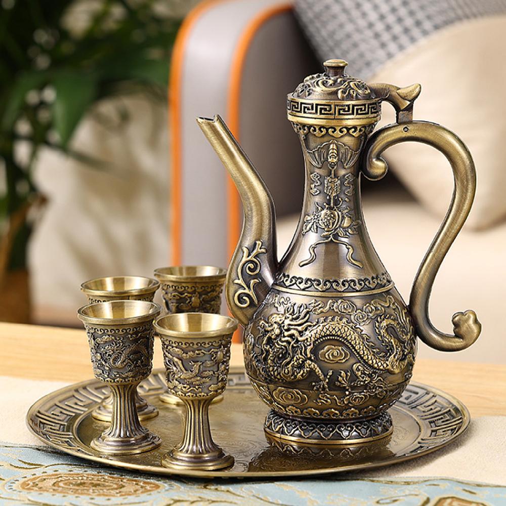 

Набор из 6 предметов, Набор для вина «Дракон-Феникс» в стиле легкой роскоши, Креативный домашний диспенсер для вина, Маленькая винная рюмка, Металлический поднос, Винный набор из сплава шоколадный