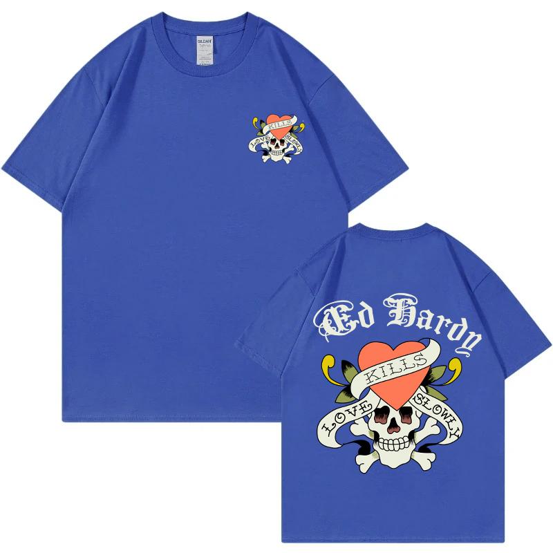 Summer Men Fashion Cotton TShirt Trendy Skull&Hearts Print Tops Male Casual Y2K O-Neck Clothing Women Hip Hop Short Sleeve Top