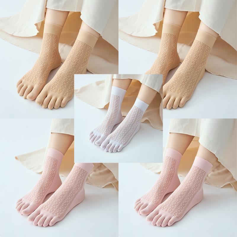 

5 пар женских носков с цветочным принтом, дышащие, с оборками, с пятью пальцами, удобные повседневные носки средней длины для женщин с дышащей сеткой 5 Pairs