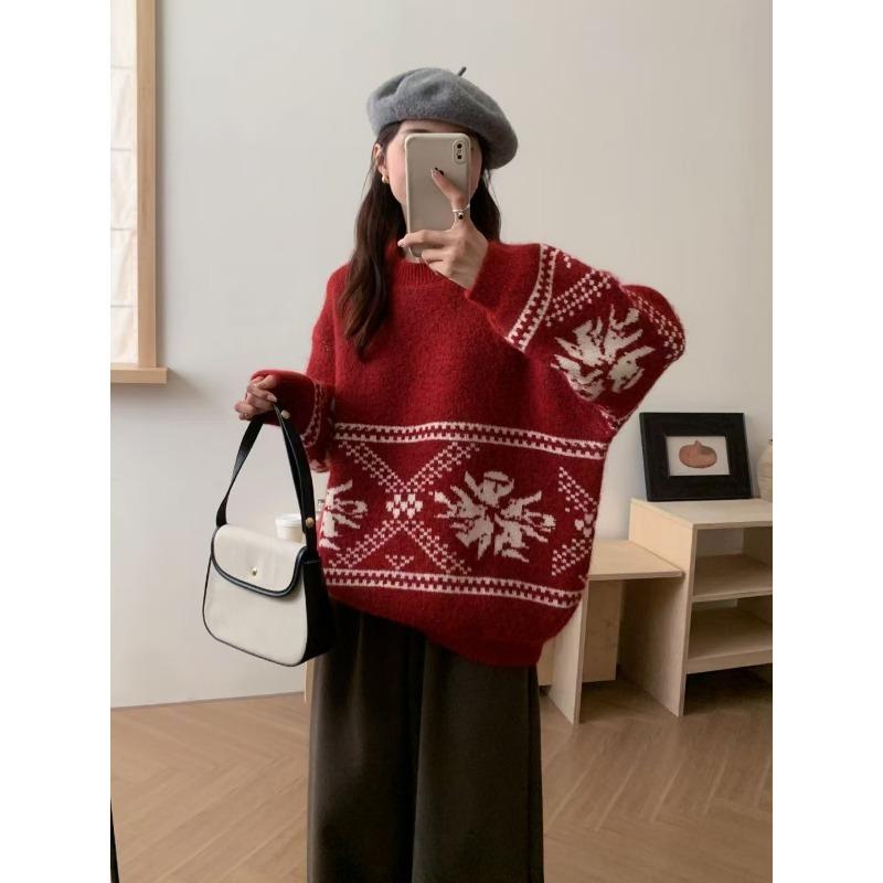 Vintage Christmas knitted pullover sweater for women's red autumn and winter new lazy wind loose soft waxy knitted sweater for women