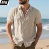 Summer Beach Men's Linen Cotton Shirt - Double Chest Pockets Breathable Button Down Casual Loose Fit Vacation Tops In Solid Colors
