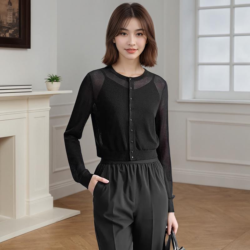 Ice Silk Lightweight Breathable Knit Cardigan: Round Neck, Sun Protection, Long Sleeve Summer Outerwear