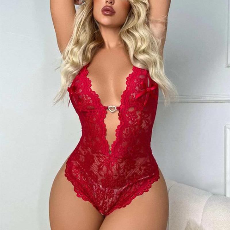 New Crotchless Red Sexy Lingerie Women Lace Hollow Bodysuit Erotic Costumes Teddy Baby Doll Dress Deep V Open Bra Porn Underwear