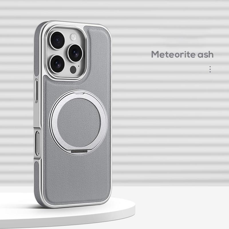 For Magsafe Magnetic 360 ° Rotating Metal Car Bracket Ring Solid Color Leather Phone Case For iPhone 16 Pro Max 14 13 15 Pro Max