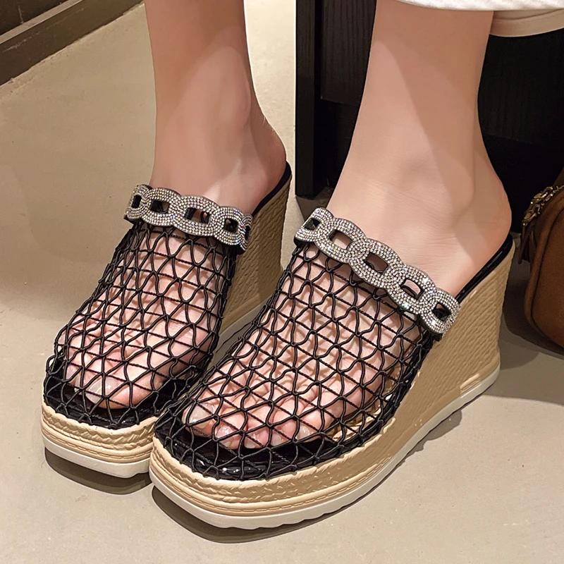 Fashion Women's Closed Toe Wedge Heel Sandals Fashion Hollow Mesh Thick Sole Slippers Woman Summer Shiny Crystal Chunky Platform Sandals