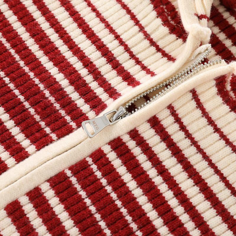 Girls' Striped Hooded Zipper Knitted Cardigan