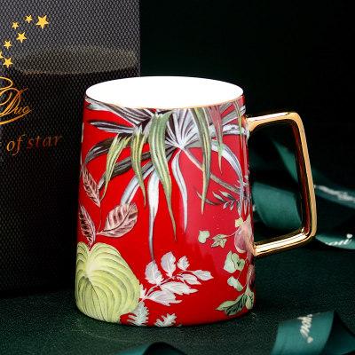 480ml Ceramic Coffee Mug With Luxury Gold Handle Pastoral Style Gold Flower Bird Magpie Birthday Gift Mugs