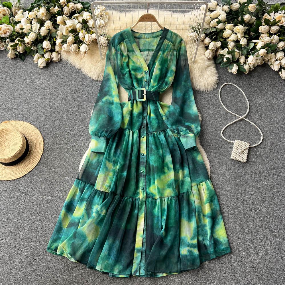 Women French Fashion Single Breasted V Neck Long Dress With Belt Summer Autumn Elegant Print A-line Robe Female Holiday Clothes