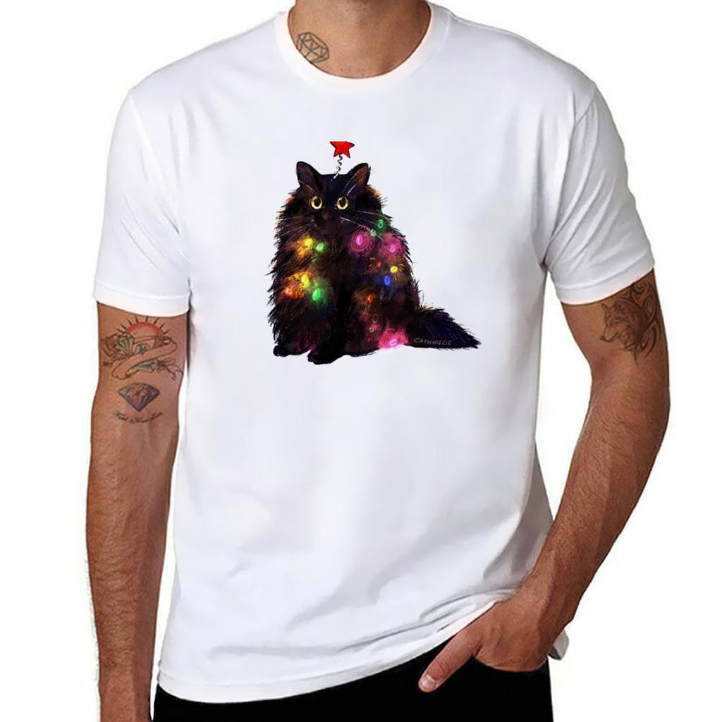 12 Day Of Catmas Day 1 Christmas Lights Black Cat Tshirt Daily Wear Print Tshirt
