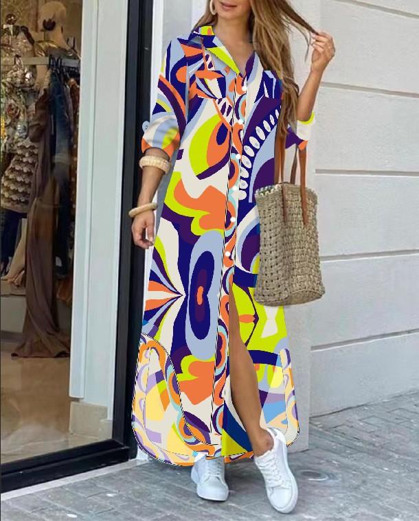 Fashion Long Sleeve Print Women Loose Fit Casual Maxi Dress