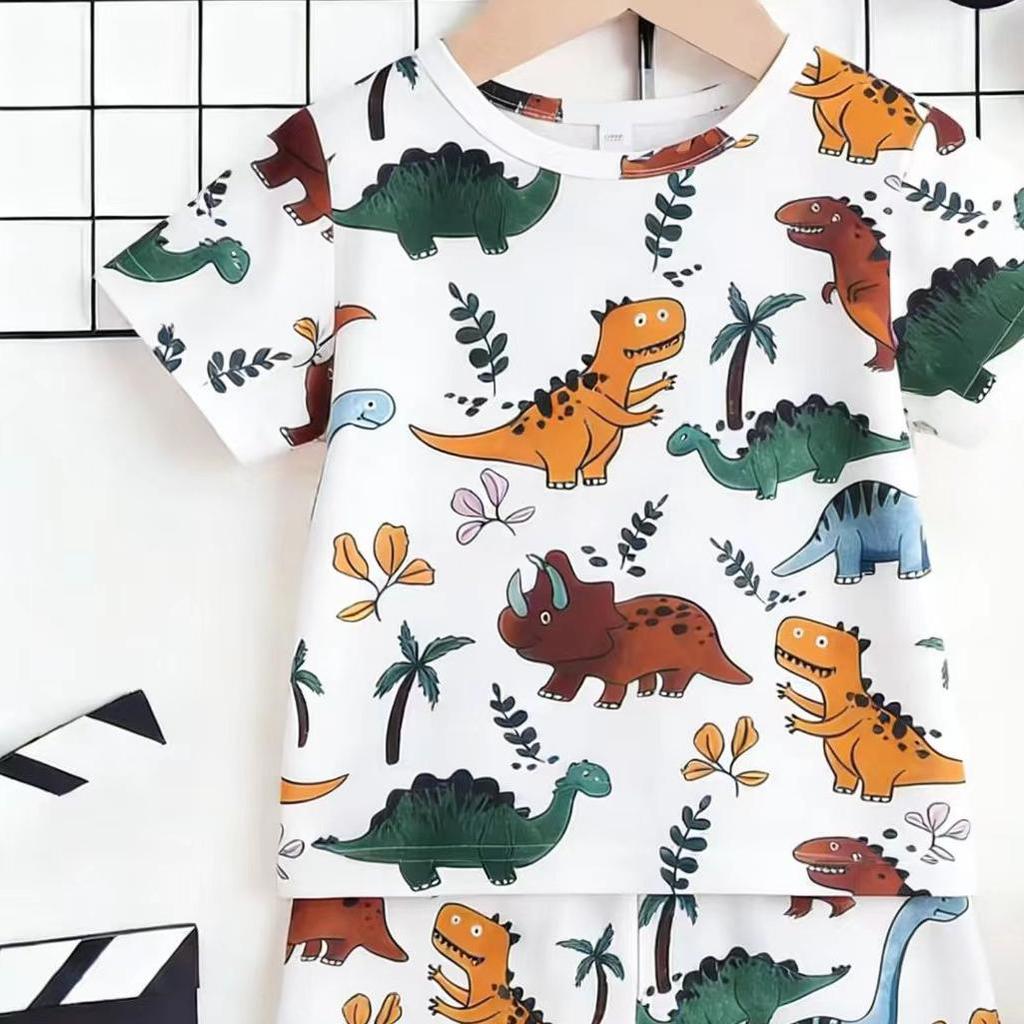 Completo 2 Pezzi Carino Multicolore con Stampa Dinosauri per Bambini Maschi, Abbigliamento Estivo Bianco a Cartoni Animati per Bambini, Perfetto per Giocare e All'Aperto