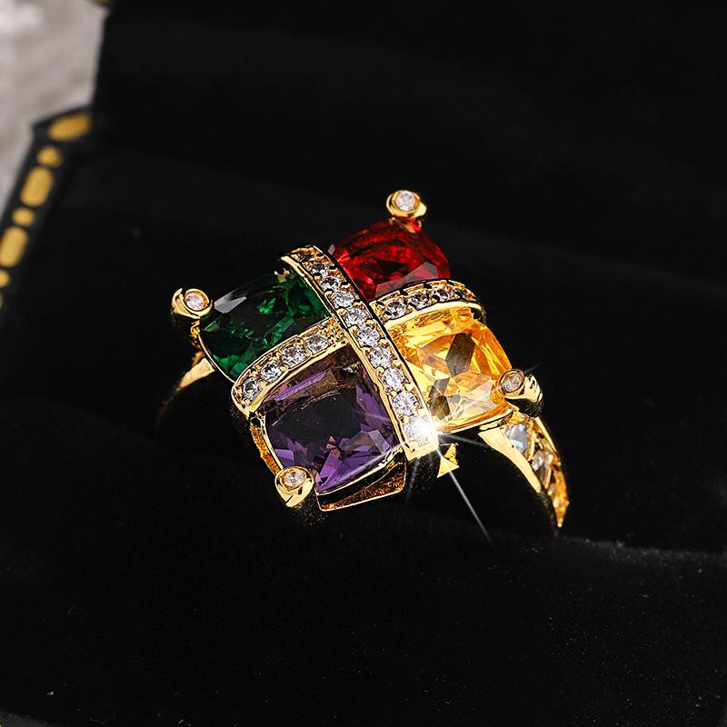 18K Gold Colorful Amethyst Topaz Emerald Ruby Full Diamond Ring For Women Engagement Party Gift Jewelry