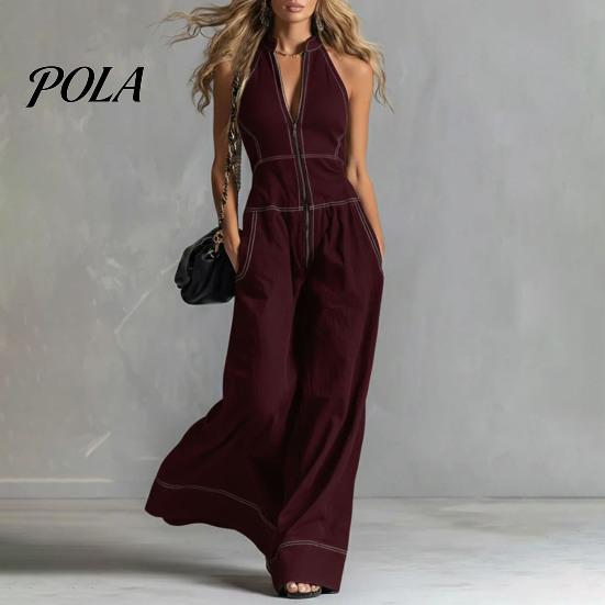 Tuta da donna senza maniche, con zip, colletto alto, pantaloni a gamba larga, Rompers, Abiti estivi casual monopezzo con tasche, Articoli in saldo