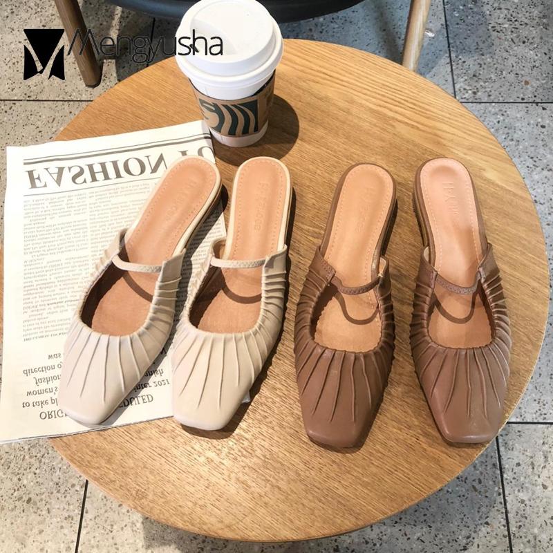 Fashion 2024 Solid Leather Sandals Woman Ruffles Mules Elastic Band Square Toe Slippers Home Flip Flops Low Heels Pleated Slides Shoes