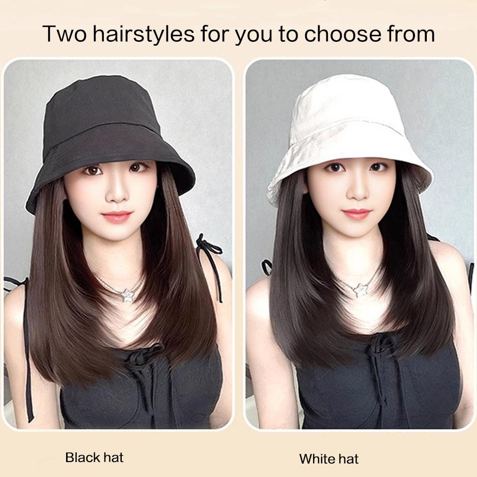Black Fisherman's Hat Wig Hair Extensions Hat Wigs Synthetic Long Straight Clavicle Hair Warm Autumn Winter Cap Wig