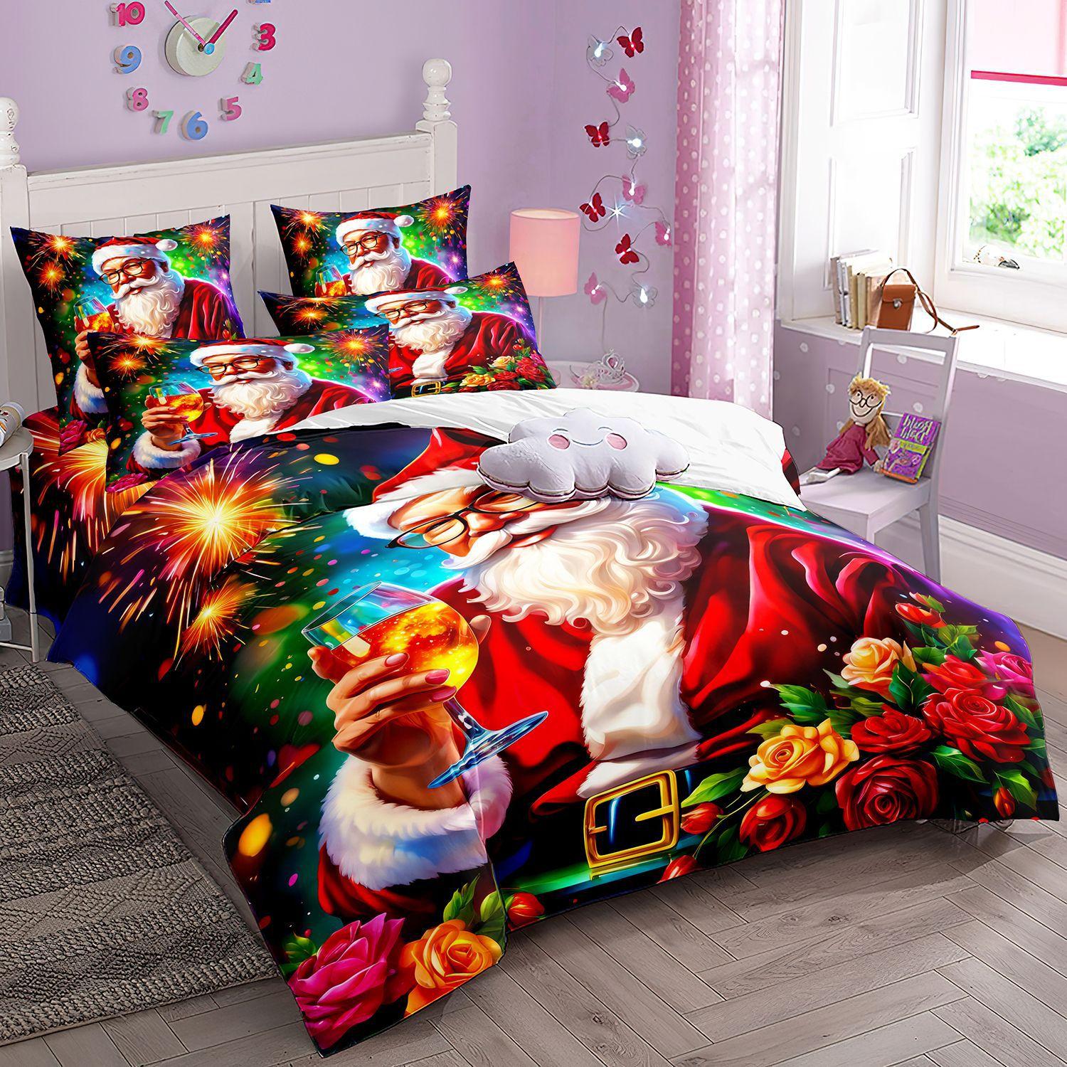 

Christmas Soft with Soft Fabric Duvet Cover Set,Santa Claus plus Snowman Tre Print Patern Beding Set,For Young Girls Christmas Gift Bedrom Decor 120*200cm Single