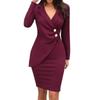 Women's Solid Color Long Sleeve V Neck Button Zipper Slim Fit Mid Length Formal Dress