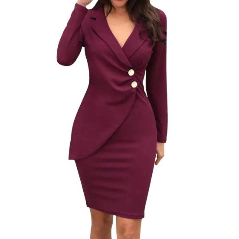 Women's Solid Color Long Sleeve V Neck Button Zipper Slim Fit Mid Length Formal Dress