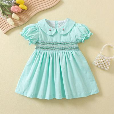 Girls Summer Green Vintage Embroidered Smocked Cotton Short Sleeve Princess Dress Fresh Kids Sundress