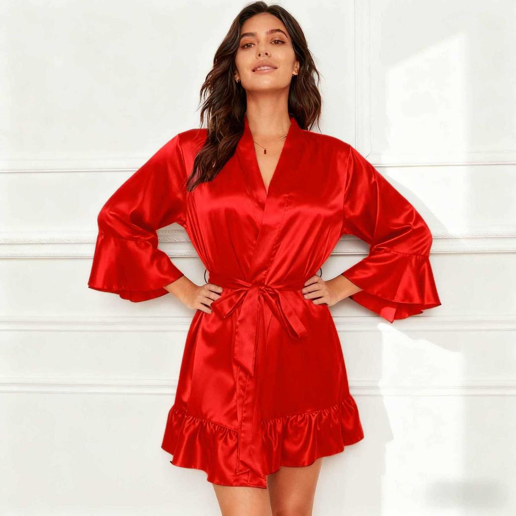 New ice silk bathrobe sexy imitation silk loungewear can be worn outside underwear nightgown women's summer