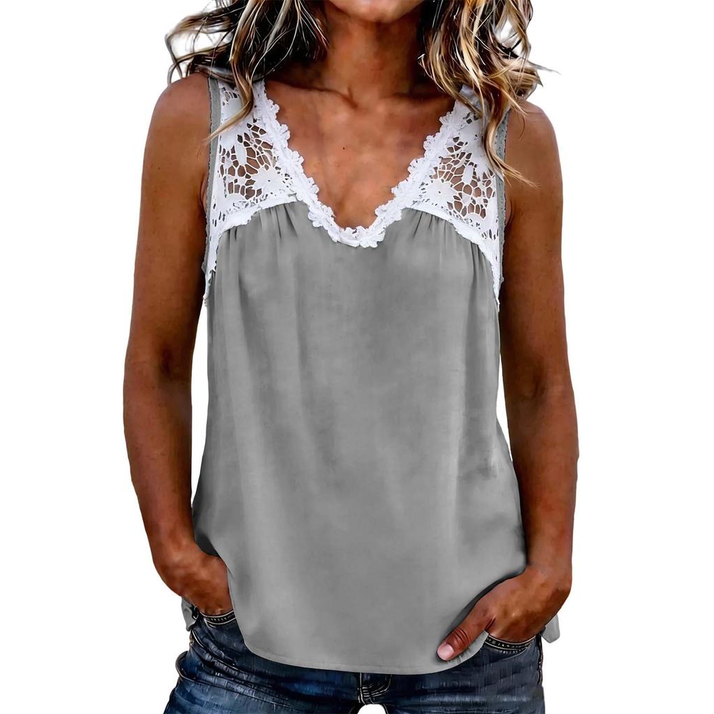 Haut sans manches en dentelle patchwork à col en V pour femme, chemisier décontracté à coupe ample, tissu léger et doux, chemise d'été pour un usage quotidien
