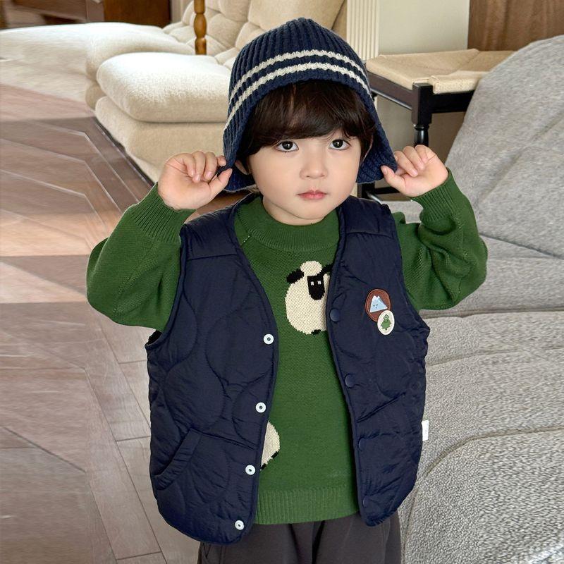Boys  Quilted Cotton Vest Autumn and Winter Children s Clothing Baby Quilted Vest Warm Top Children Waistcoat Sleeveless Cardigan Navy blue 130