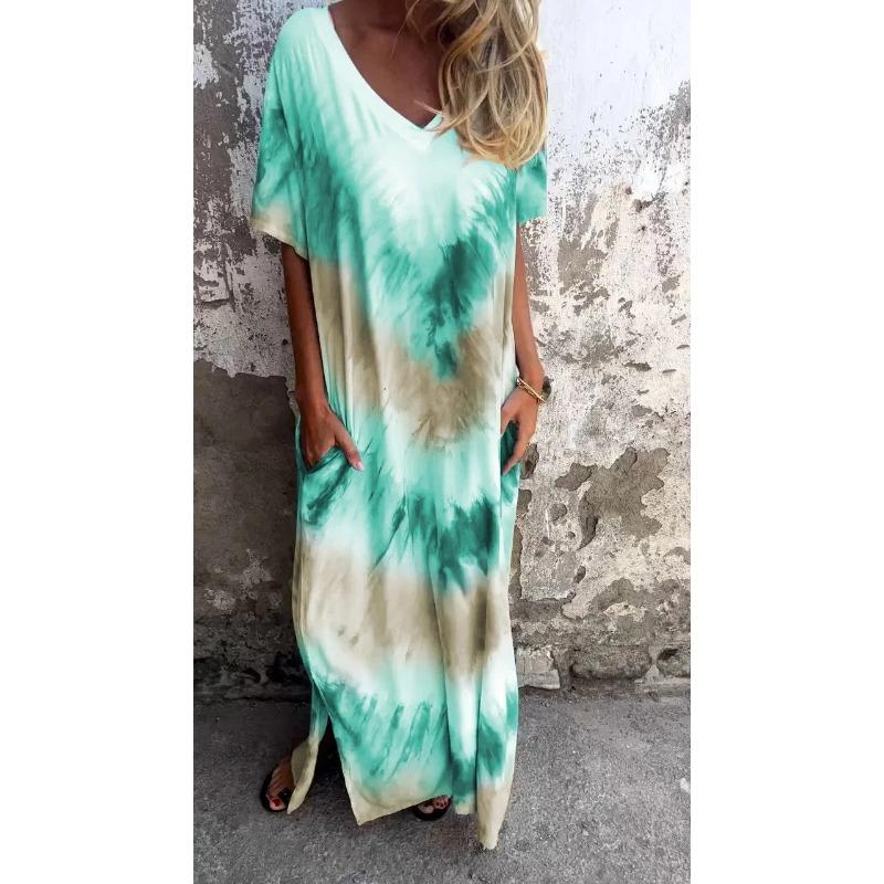 YYFS Moda Donna Estate Primavera Stampa Color Block Manica Corta Scollo a V Vita Ampia Abiti Casual