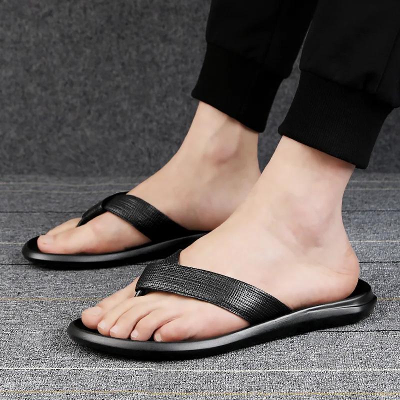 Fashion Genuine Leather Mens Flip Flops New Summer Slippers Men Non-Slip Flats Outside Breathable Half Drag Cool Slippers Man Sandals