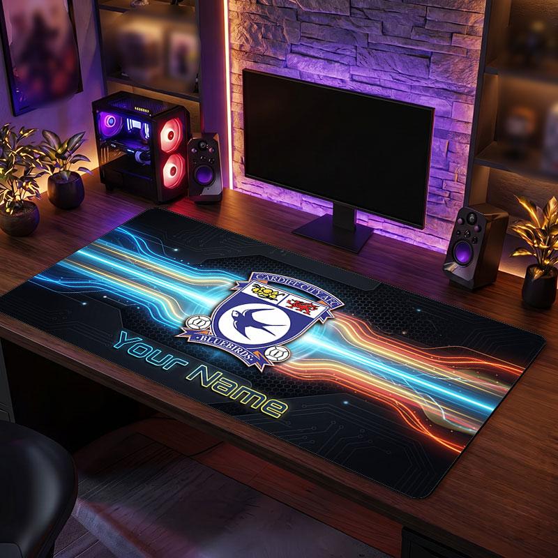 Cardiff City Custom Large Mouse Pad, Personalized Name Text Print, Football Logo Non‑Slip Desk Mat Gaming Gift