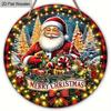 2D Flat, 1 PC Christmas Gift - Santa Holding Gift Box Round Wooden Ornament Decorative Sign & Plaque, “Merry Christmas”, Home Holiday Party Wall Art