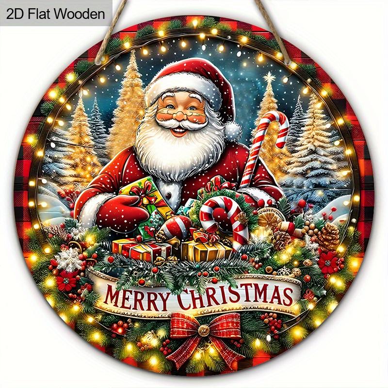 2D Flat, 1 PC Christmas Gift - Santa Holding Gift Box Round Wooden Ornament Decorative Sign & Plaque, “Merry Christmas”, Home Holiday Party Wall Art