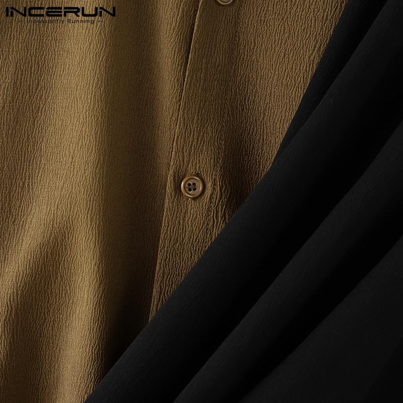 INCERUN Men Cowl Neck Long Sleeve Front Cross Shirts Casual Patchwork Tops