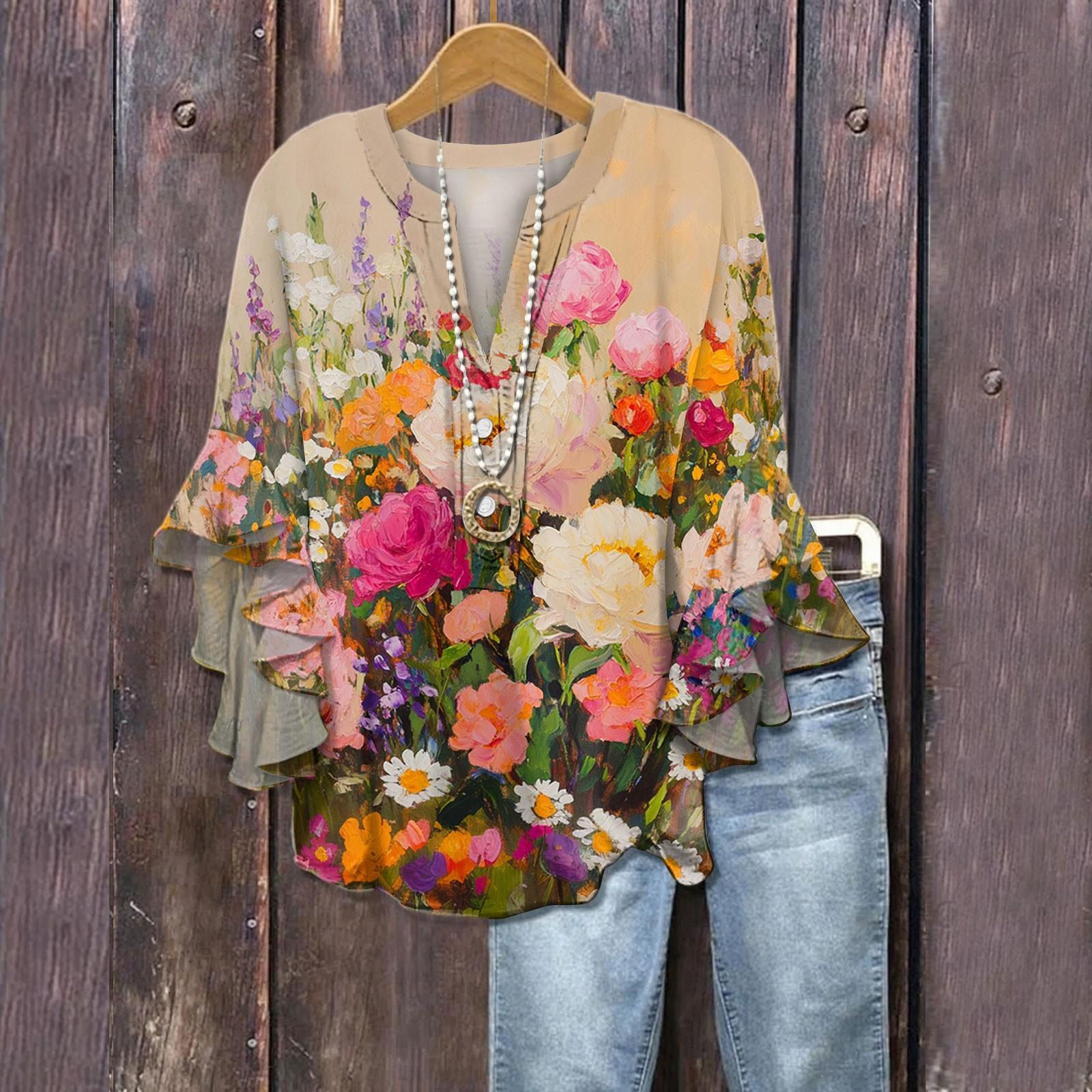 

Summer Tops For Women Cute V Neck 3/4 Sleeve Blouses Floral Print Top Casual Shirts XL