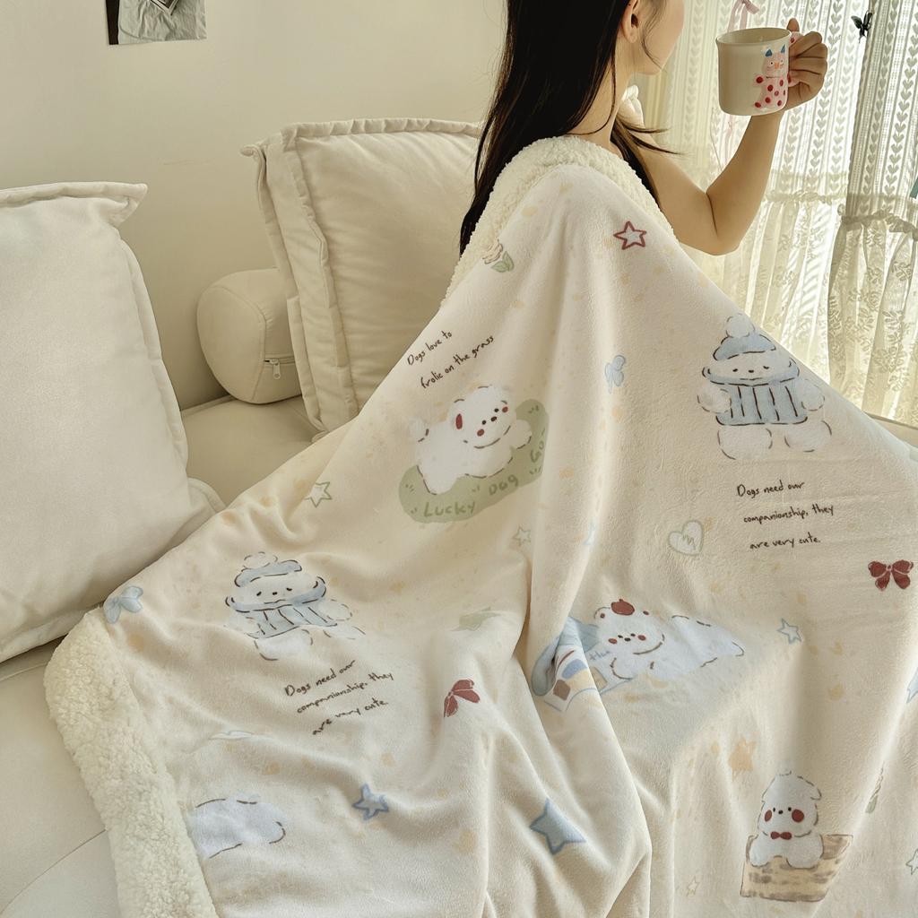 Cartoon Puppy Faux Lambs Wool Blanket Double Layer Thick Warm Fleece Throw Blanket for Sofa Bed Spring Autumn Soft Plush Blanket