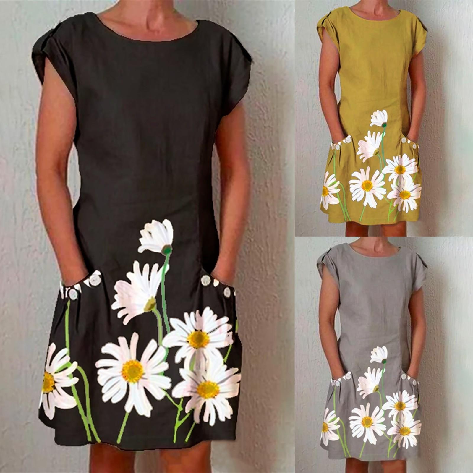 

Женское повседневное хлопково-льняное платье средней длины с короткими рукавами и принтом подсолнечника