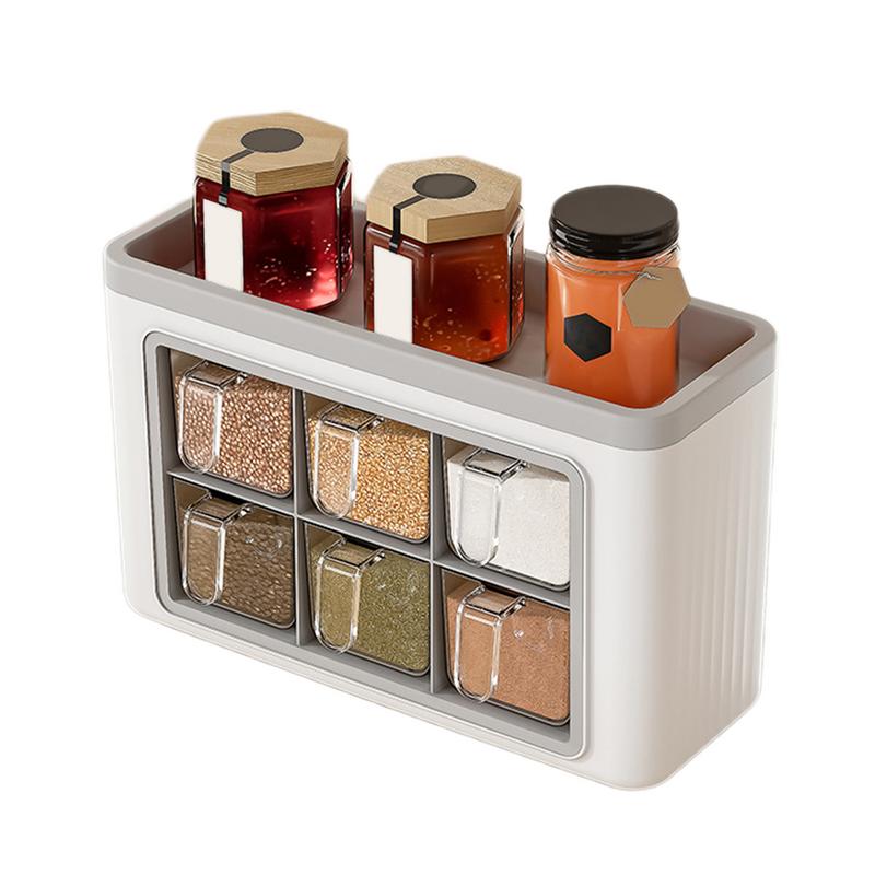 Ράφια για Μπαχαρικά με 6 Θήκες Χωρίς Τρύπημα Οικιακή Θήκη Διαφανές Βάζο Καρυκευμάτων με Κουταλάκι και Καπάκι για Αλάτι Πιπέρι Πάπρικα