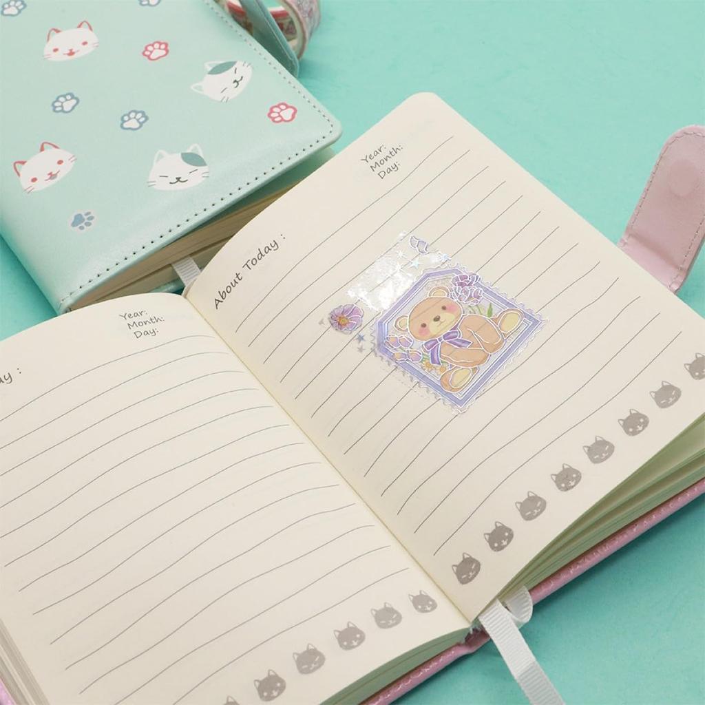Cute Cat Design Notebook Cute Cat PU Leather Magnet Buckle Notebook Student Diary Notebook 64K Cat Cover Writing Utensils Pencil Stationery Girls New