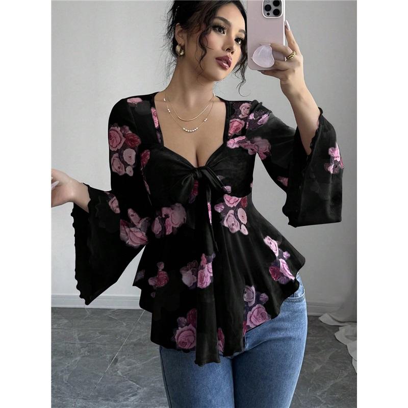 Women's Floral Print Bell Sleeve Peplum Top V Neck Tie Front Blouse