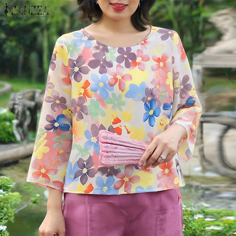 ZANZEA Women Casual Round Neck 3/4 Sleeve Summer Floral Blouse