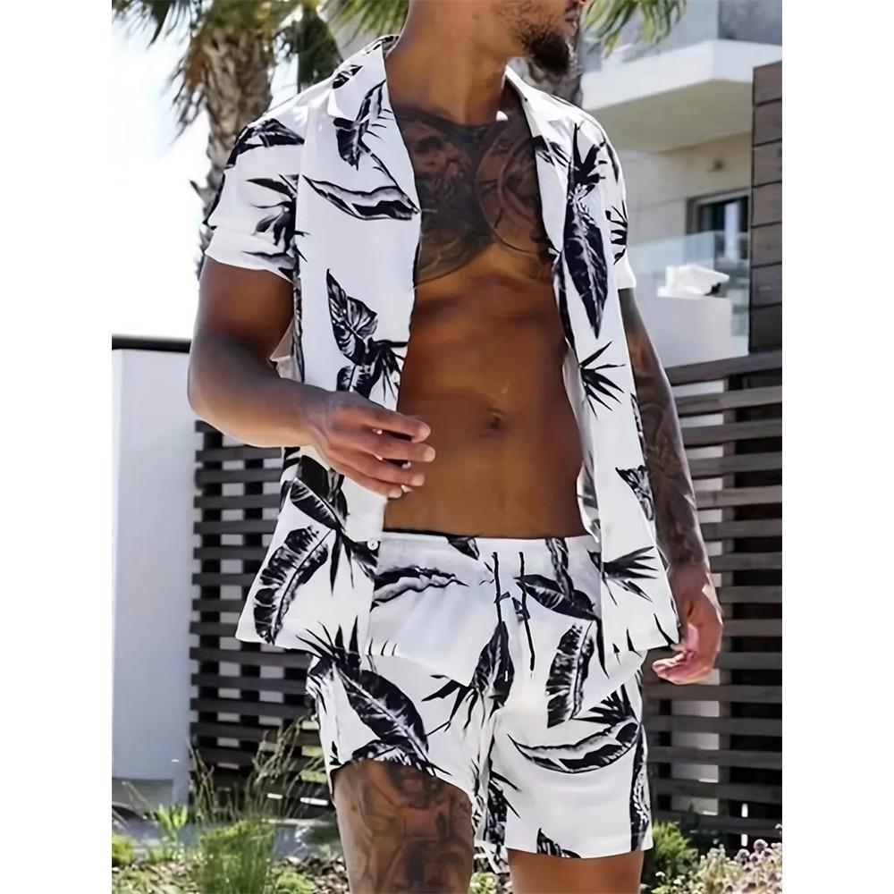 Summer New Men's Coconut Print Shirt Set High-quality Fashion Trend Shorts Hawaiian Style Casual Pool Top Outdoor Beach Two-piece Set
