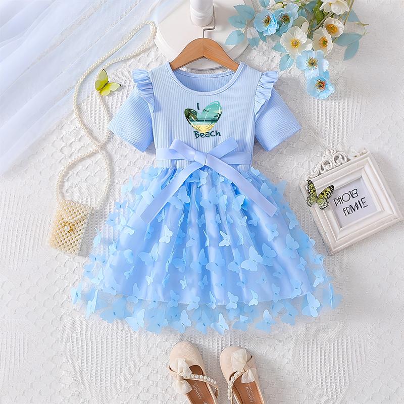 Girls Butterfly Tulle Dress, Case printing,Cute Princess Party Dress with Bow, Short Sleeve Summer Dress for Little Girls