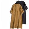 Long Dress Women Linen Large Size Loose Summer V Neck Stitching Solid Color Dress Knee-length Thin Large Swing Dress