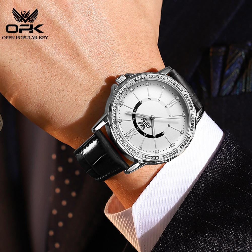 OPK 8161 Man Quartz Wristwatch Diamond Bezel Luminous Leather Strap Waterproof Men's Luxury Watch High Quality Original