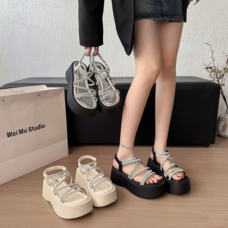 2025 Spring and Summer Models Versatile Fairy Style with Skirt Rhinestone Roman Beach Shoes Internet Celebrity Korean Version Platform Sandals Women