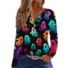 Haut T-shirt Décontracté Mode Femme Imprimé Halloween Col en V Bouton Bordure Manches Longues