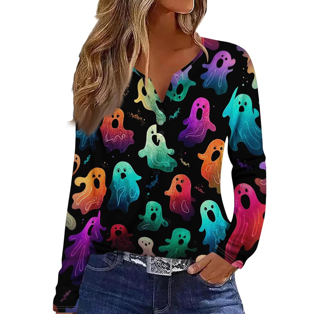 Haut T-shirt Décontracté Mode Femme Imprimé Halloween Col en V Bouton Bordure Manches Longues